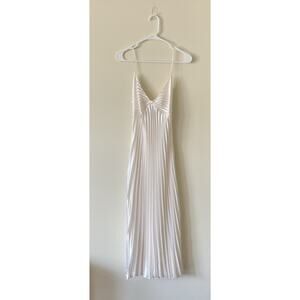 Delicates Vintage 90s White Pleated Satin Maxi Dress Medium Ruched Tie Bow Slip